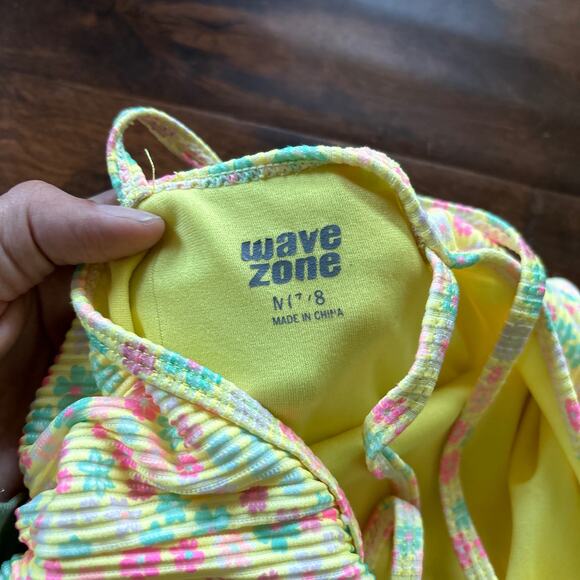 Wave Zone Girls Swimsuit Size Medium 7/8 Yellow Floral Ribbed One Piece - Picture 2 of 4